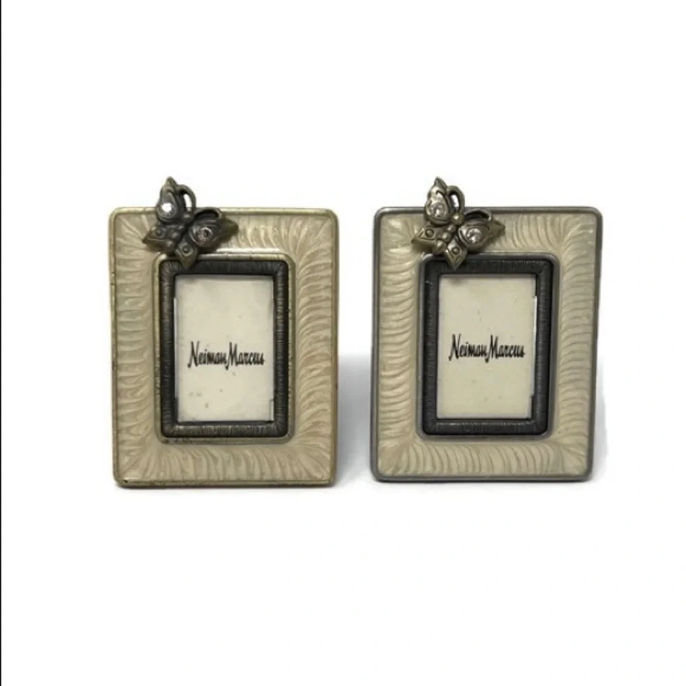 Two Jay Strongwater Enamel Mini Picture Frames:  Scarf Clip/Rhinestone Butterfly